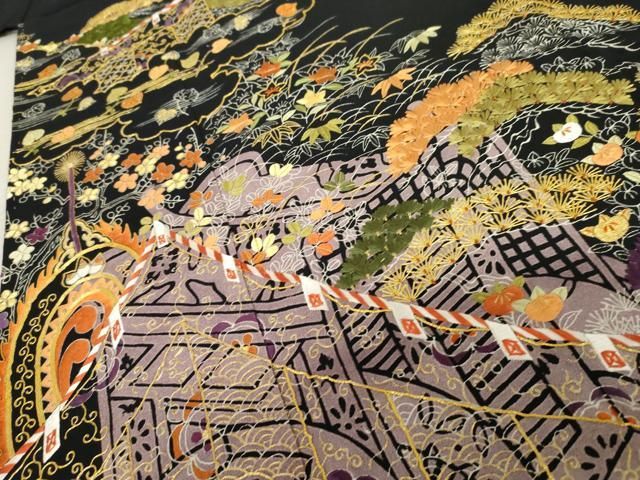 平和屋着物○創業460年・千總 黒留袖 駒刺繍 御所車吉祥草花文 金糸