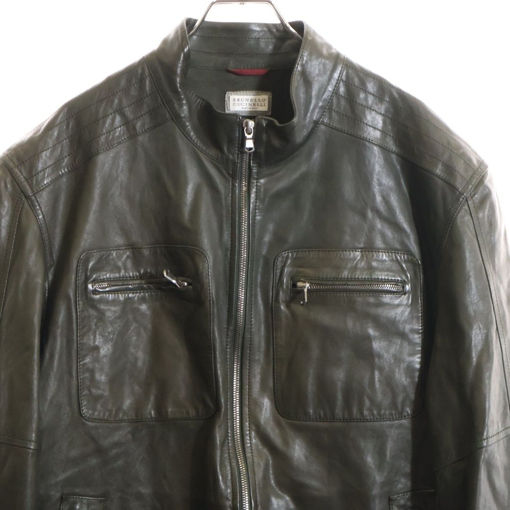 【美品】BRUNELLO CUCINELLI レザージャケット グリーン S BRUNELLO CUCINELLI (ブルネロクチネリ) レザー スタンドカラー ジップ