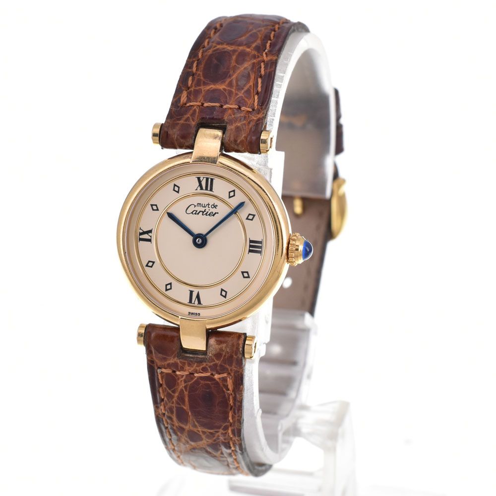 カルティエ CARTIER 590004 マスト ヴァンドーム ヴェルメイユ SV 925 GP レザー クォーツ レディース 内箱 保証書付き A 144063