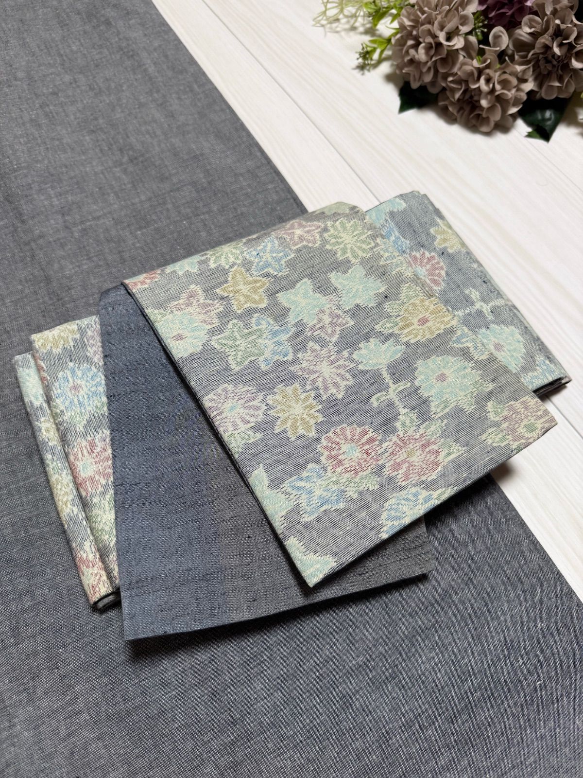 最後の一点 274号 半幅帯 十日町紬 ブルーグレー×グレーグラデ紬 正絹 リバーシブル ︎同じ生地は2度と入荷しません 1点〜6点までの 商品 ︎