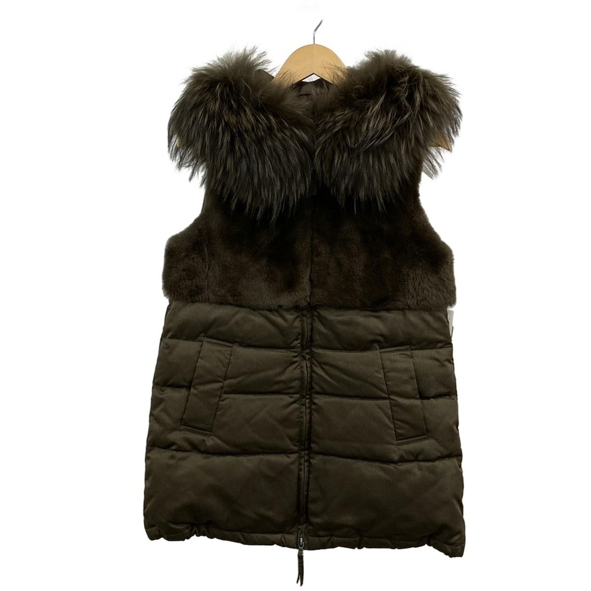 ダイアグラム ダウンベスト サイズ36 S レディース - カーキ×ブラウン×ダークブラウン ファー フード着脱可 ロング丈 秋 冬