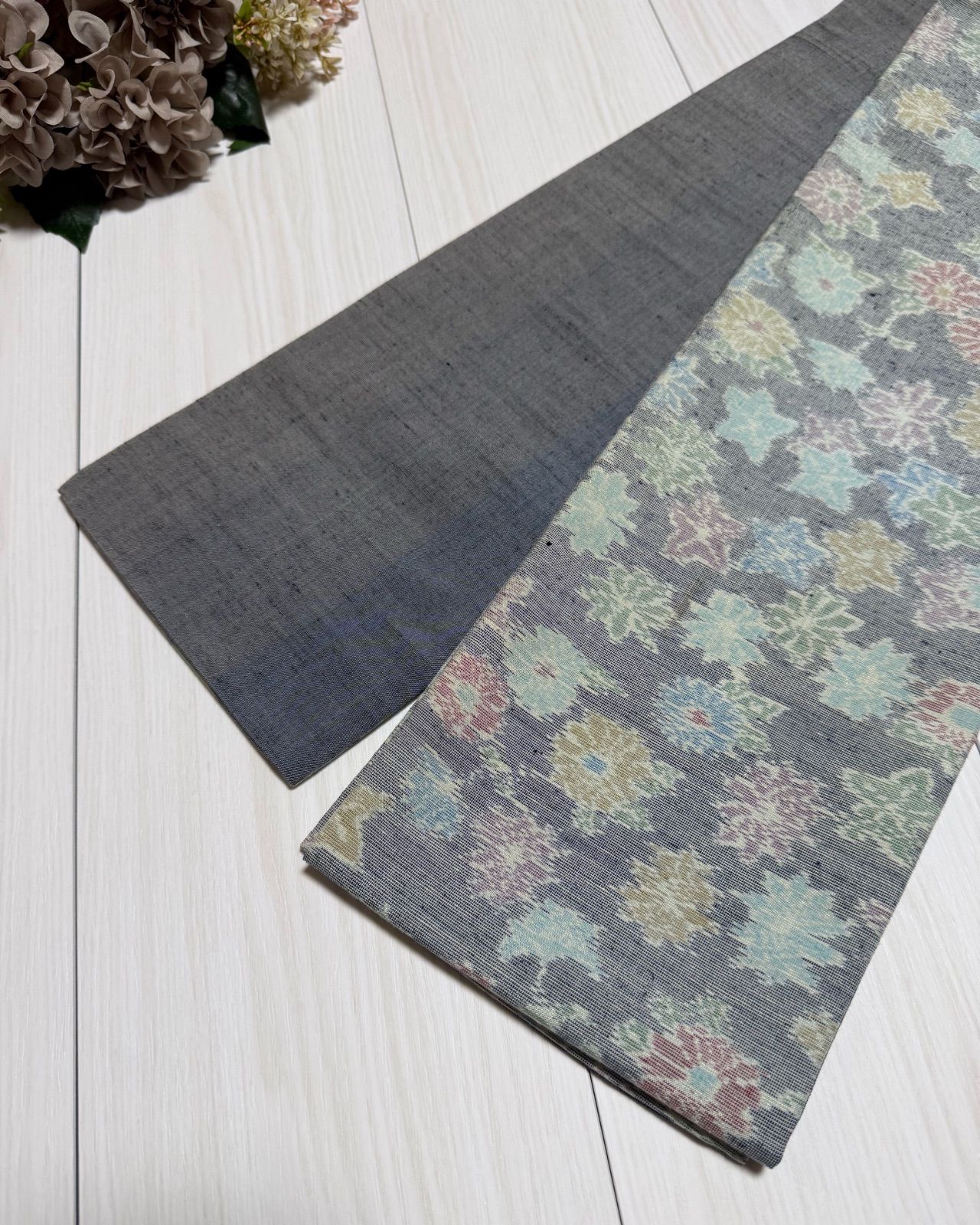 最後の一点 訳あり 274号 半幅帯 十日町紬 ブルーグレー×グレーグラデ紬 正絹 リバーシブル ︎同じ生地は2度と入荷しません 1点〜6点までの 商品 ︎