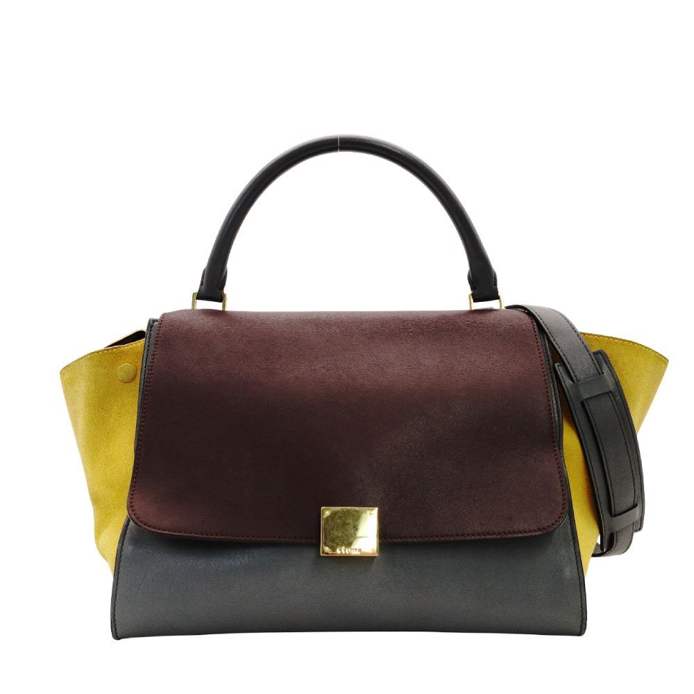 セリーヌ CELINE トラペーズ ハンドバッグ レザー 2 way グレー×ボルドー×イエロー ショルダー スエード 7-10-723