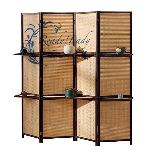 パーテーション 衝立 部屋 仕切り 間仕切り 150 cm 高い 棚付き竹編みルームディバイダー 4パネル自立型ポータブルパーティションスクリーン 自宅 寝室 オフィス 勉強や会議用