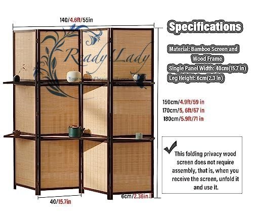 パーテーション 衝立 部屋 仕切り 間仕切り 150 cm 高い 棚付き竹編みルームディバイダー 4パネル自立型ポータブルパーティションスクリーン 自宅 寝室 オフィス 勉強や会議用