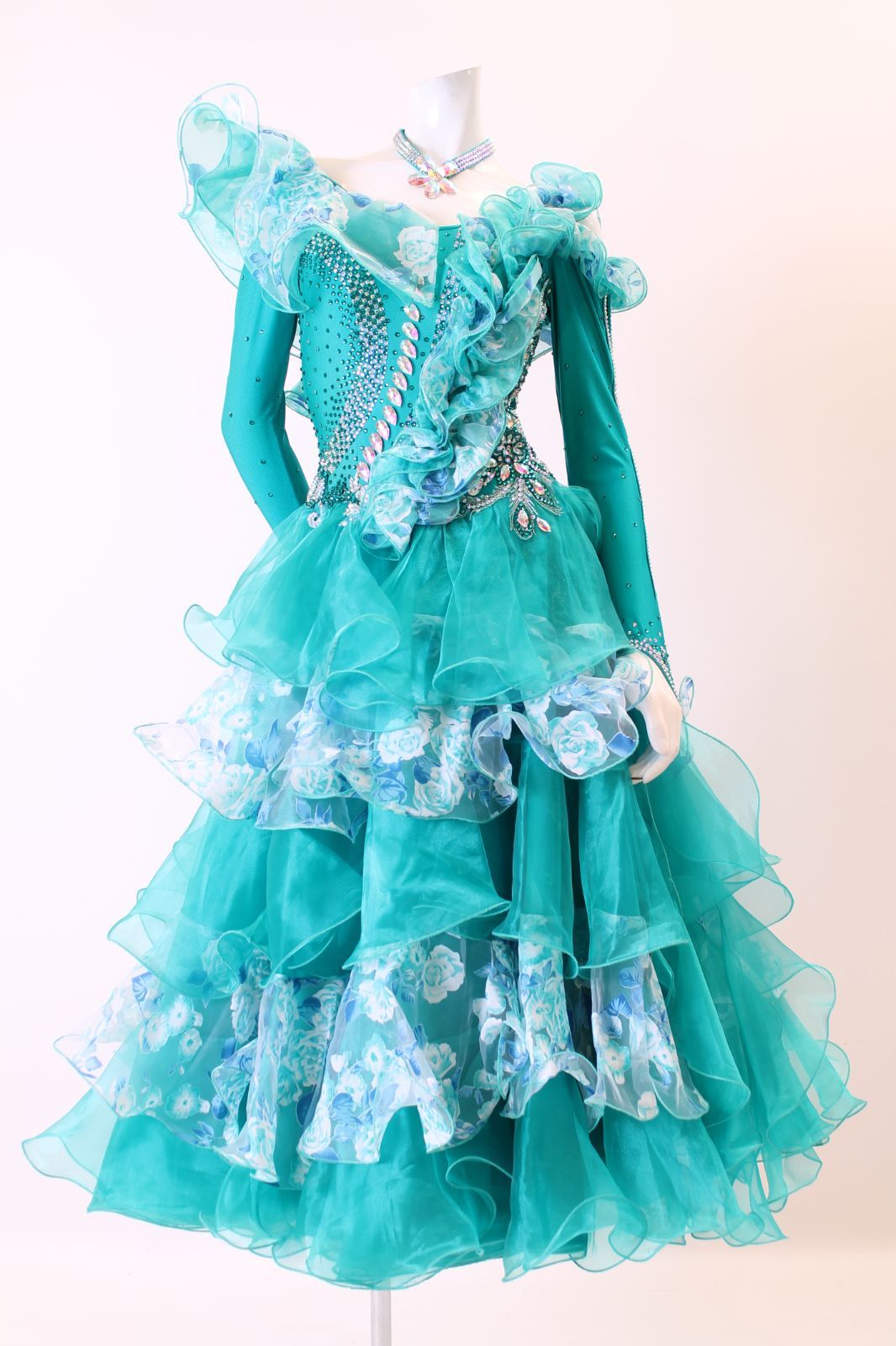 ロングドレス 青緑×プリント柄 Ｍサイズ コンテスト 発表会 パーティ ナイトロングドレス オーダーメイド対応可