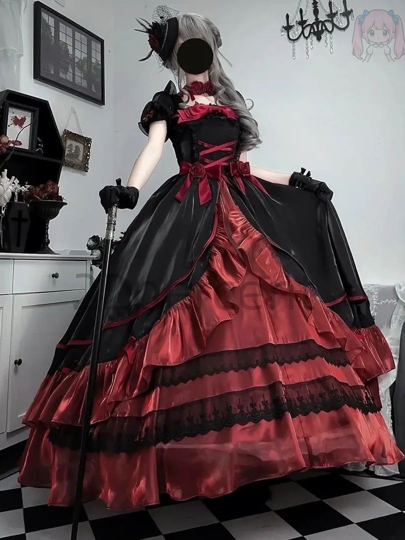 ゴシック ロリータ ワンピース 黒赤 パンク 成人式 花嫁 ドレス フォーマル パーティー イベント 特別な日 ミステリアス 個性的 ダークファンタジー 大人