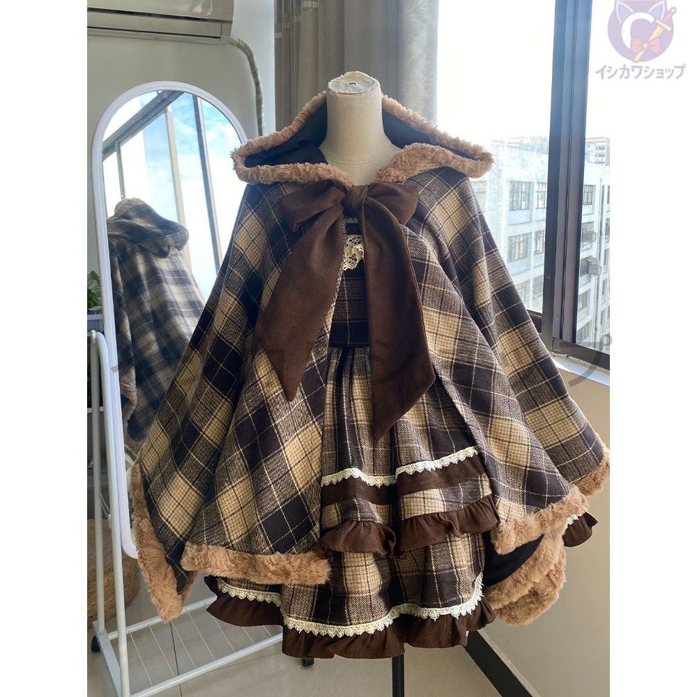 リボングリッドケープ 秋冬 ロリータ サロペットワンピース 3点セット ニット素材 おしゃれ 甘ロリ フォーマル パーティードレス 新年会 特別な日 プレゼント 清楚系 感