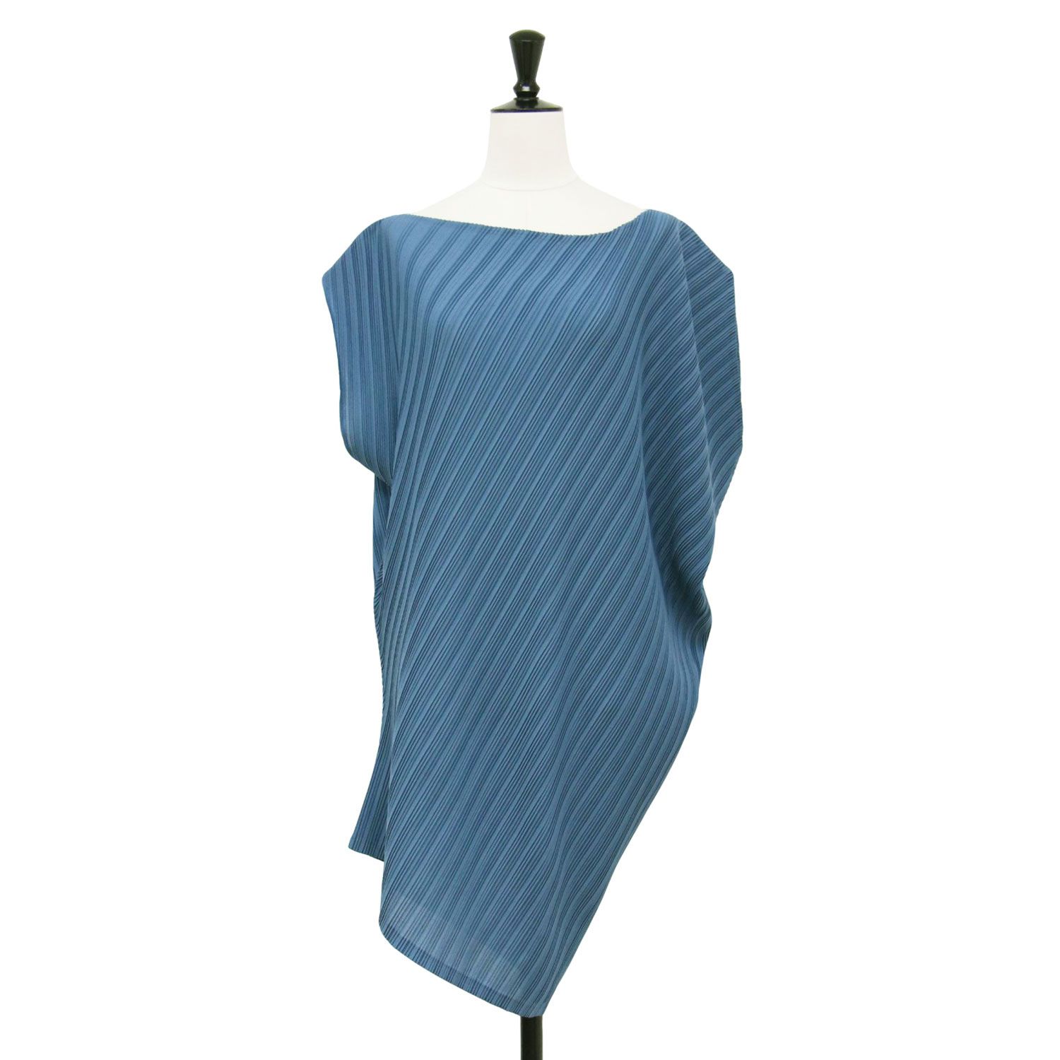 PLEATS PLEASE プリーツプリーズ プリーツ ブラウス ブルー サイズ 3 L | アシンメトリー トップス チュニック プルオーバー ボートネック フレンチスリーブ 日本製 カットソー シャツ レディース