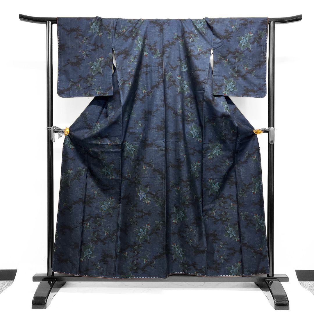 未着用 小紋 大島紬 花模様 リーフ 霞 ネイビー 着物 115b d ms - メルカリ