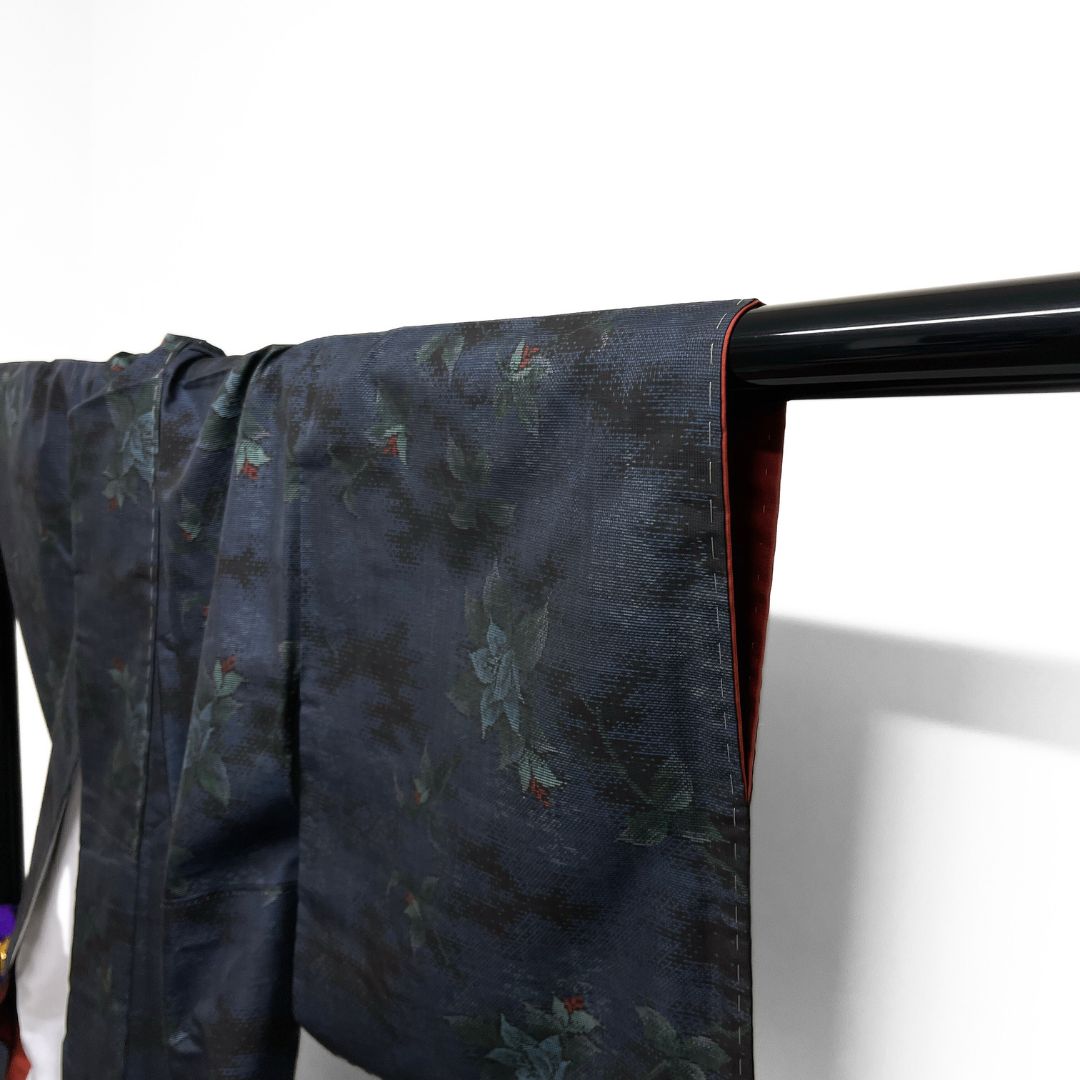 未着用 小紋 大島紬 花模様 リーフ 霞 ネイビー 着物 115b d ms - メルカリ