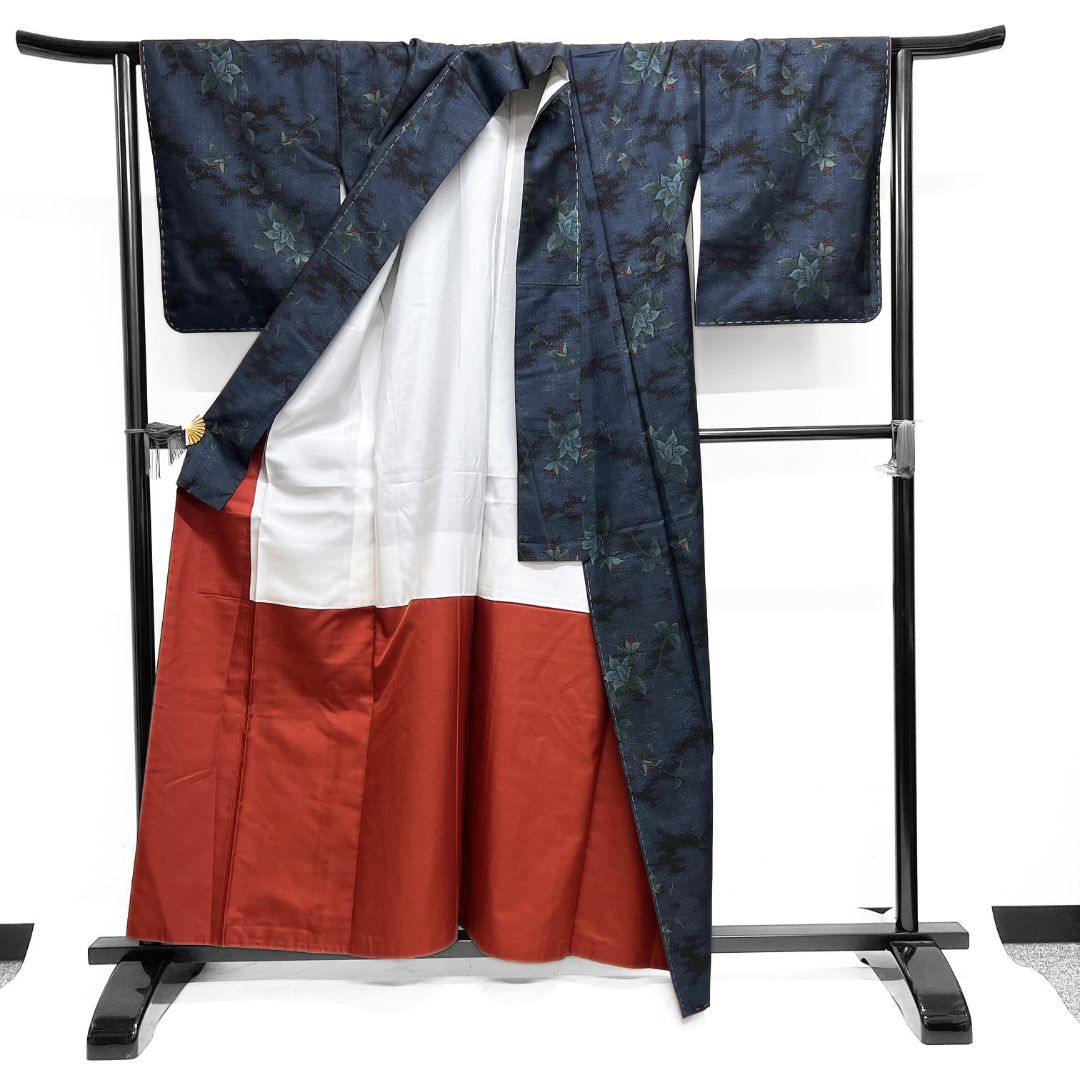 未着用 小紋 大島紬 花模様 リーフ 霞 ネイビー 着物 115b d ms - メルカリ