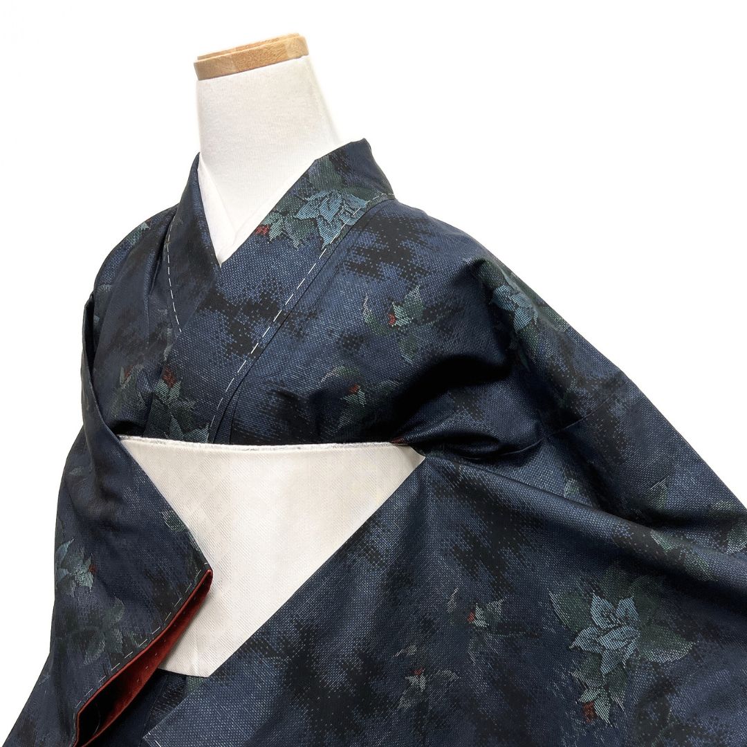 未着用 小紋 大島紬 花模様 リーフ 霞 ネイビー 着物 115b d ms - メルカリ