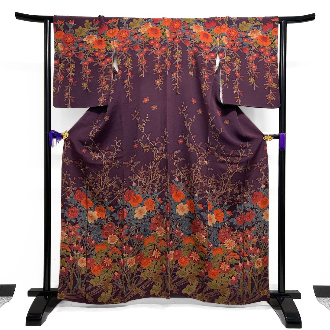 付け下げ 花模様 枝垂れ 菊 牡丹 桜 菖蒲 観世水 紋無し 着物 115b d