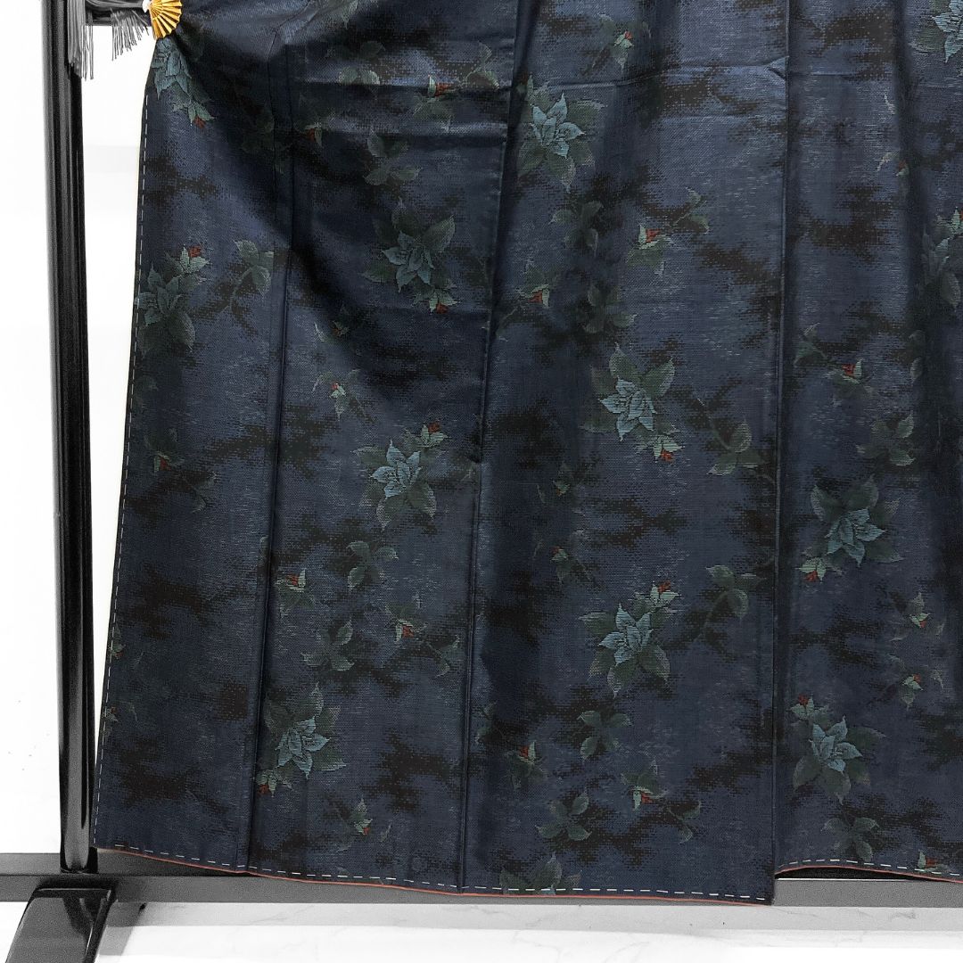 未着用 小紋 大島紬 花模様 リーフ 霞 ネイビー 着物 115b d ms - メルカリ