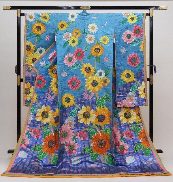 色打掛 山本寛斎 向日葵 海 グラス カモメ 熱帯魚 正絹 used b7428