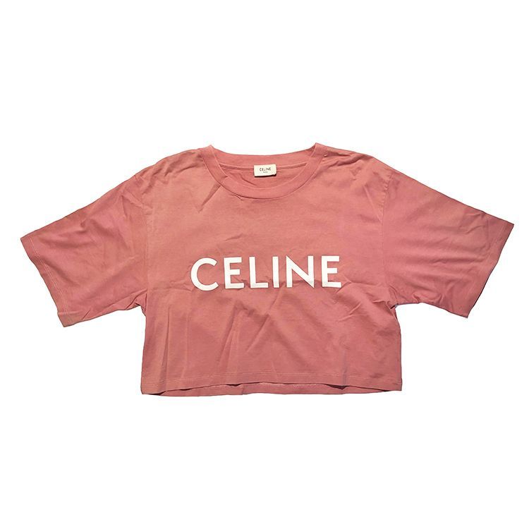 セリーヌ CELINE フロント ロゴ 半袖 Tシャツ ピンク CELINE セリーヌ フロントロゴ プリント クルーネック クロップド 半袖