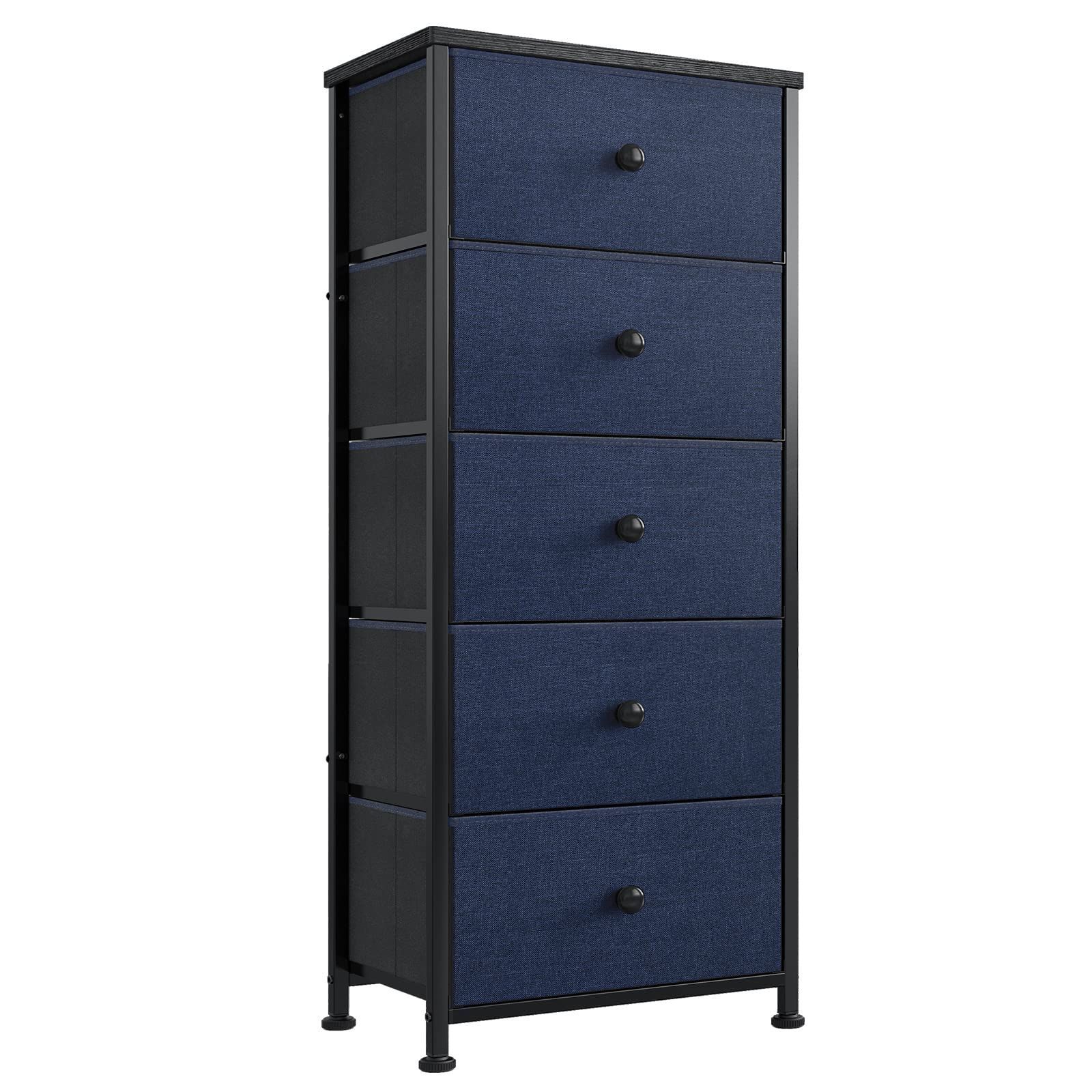 Blue 幅45 奥行30 高さ112 cm 転倒防止 簡単組立 変形にくい 大容量 スチールフレーム ファブリックチェスト ルームケース 脱衣所収納 木製天板付き 小物 衣類収納ボックス 洋服引き出し 布製チェスト 収納 5段5杯タンス