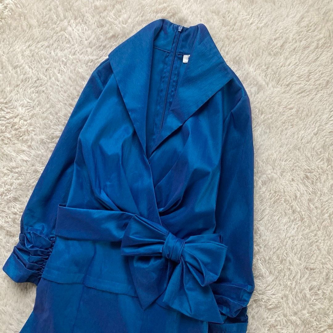 タダシショージ カシュクールマーメイドドレス ウエストりぼん ブルー ストレッチ 偏光カラー TADASHI SHOJI