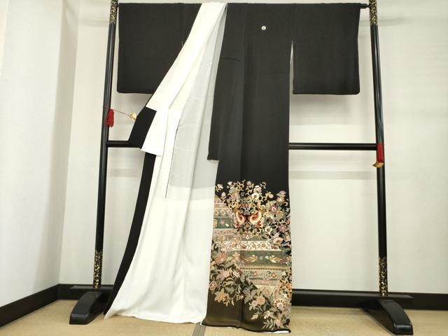 平和屋着物 豪華黒留袖 作家物 総刺繍 向い鳥更紗花文 金糸 正絹 ck