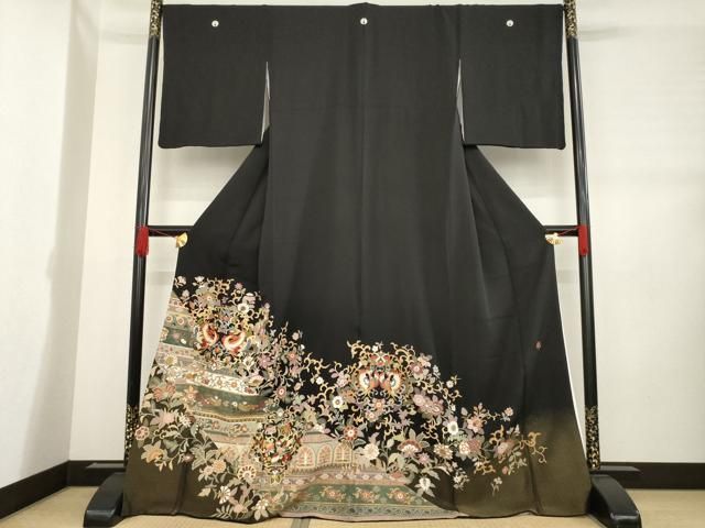 平和屋着物●豪華黒留袖 作家物 総刺繍 向い鳥更紗花文 金糸 正絹 ck