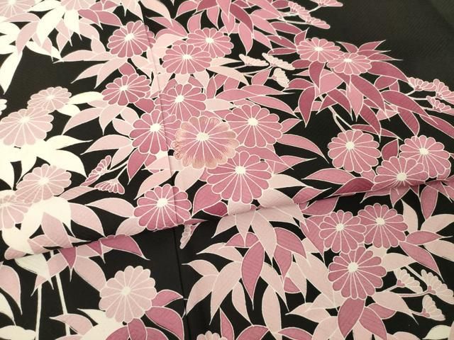 平和屋着物○訪問着 友禅 作家物 草花文 黒地 正絹 逸品 AABD9330ck
