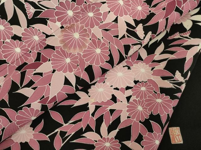 平和屋着物○訪問着 友禅 作家物 草花文 黒地 正絹 逸品 AABD9330ck