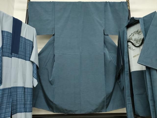 平和屋着物 男性 紬 アンサンブル 長襦袢 袷 セット 色無地 鉄納戸色 正絹 ck