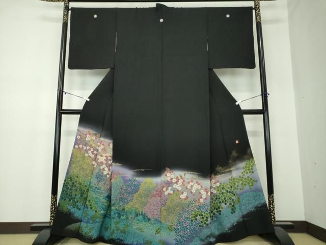 平和屋着物 豪華黒留袖 作家物 絞り 刺繍 花鳥文 金彩 正絹 ps