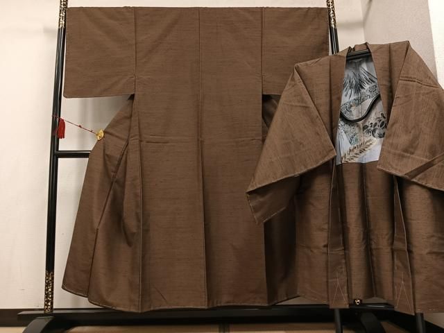 平和屋着物 男性 紬 アンサンブル 色無地 黄枯茶色 正絹 ph