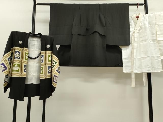 平和屋着物 七五三 男の子 祝着 羽織 長襦袢セット 天井吉祥文 黒地 金彩 ze