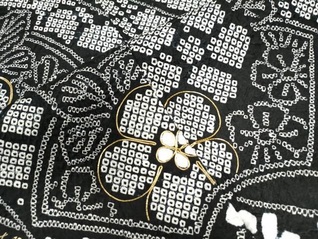 平和屋着物●訪問着　総絞り　駒刺繍　熨斗地紙吉祥花唐草文　黒地　金彩　正絹　逸品　CAAZ3666yc 平和屋着物○訪問着 総絞り 駒刺繍 熨斗地紙吉祥花唐草文 黒地 金彩