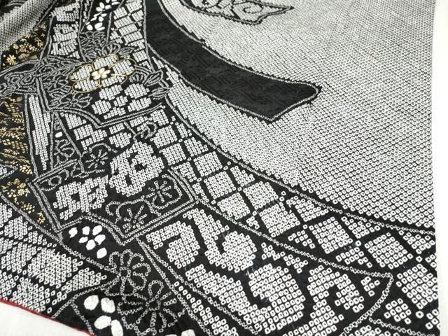 平和屋着物●訪問着　総絞り　駒刺繍　熨斗地紙吉祥花唐草文　黒地　金彩　正絹　逸品　CAAZ3666yc 平和屋着物○訪問着 総絞り 駒刺繍 熨斗地紙吉祥花唐草文 黒地 金彩