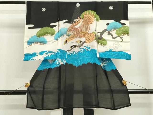 平和屋着物 夏物 お宮参り 男の子 祝着 産着 初着 のしめ 絽 刺繍 鷹 立波松文 金彩 ze