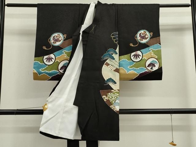 平和屋着物[]お宮参り　男の子　祝着　産着　初着　のしめ　鷹　兜　吉祥草花文　黒地　金彩　逸品　CAAZ7126ze