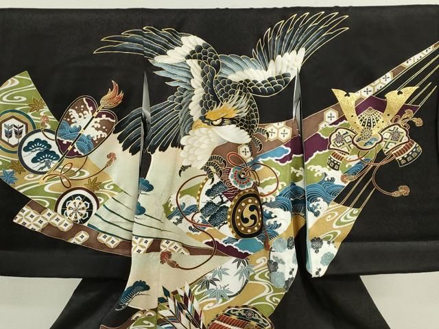 平和屋着物[]お宮参り　男の子　祝着　産着　初着　のしめ　鷹　兜　吉祥草花文　黒地　金彩　逸品　CAAZ7126ze
