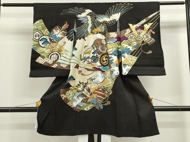 平和屋着物[]お宮参り　男の子　祝着　産着　初着　のしめ　鷹　兜　吉祥草花文　黒地　金彩　逸品　CAAZ7126ze