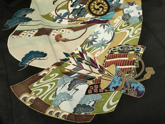 平和屋着物[]お宮参り　男の子　祝着　産着　初着　のしめ　鷹　兜　吉祥草花文　黒地　金彩　逸品　CAAZ7126ze