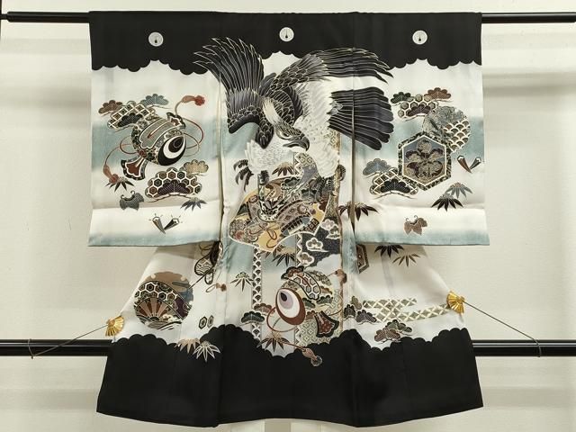 平和屋着物 お宮参り 男の子 祝着 産着 初着 のしめ 鷹 兜 吉祥笠松文 暈し染め 金彩 ze