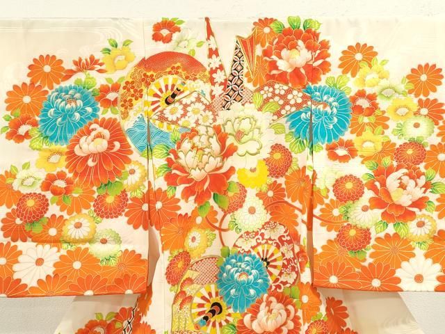 平和屋着物 お宮参り 女の子 祝着 産着 初着 のしめ 駒刺繍 折り鶴 片輪車花文 金彩 ze