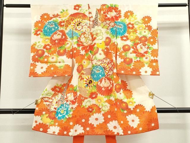 平和屋着物 お宮参り 女の子 祝着 産着 初着 のしめ 駒刺繍 折り鶴 片輪車花文 金彩 ze