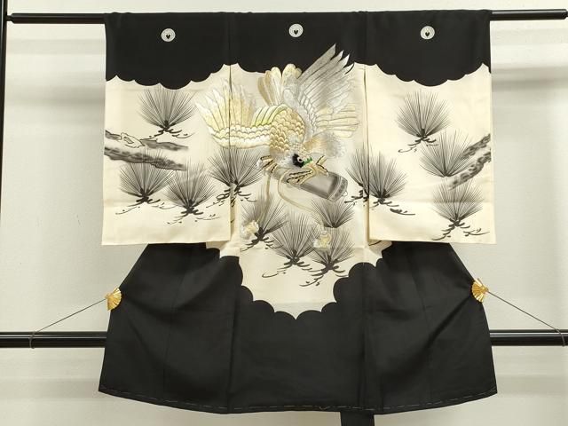 平和屋着物 お宮参り 男の子 祝着 産着 初着 のしめ 手描き 鷹 松文 金銀糸 ze