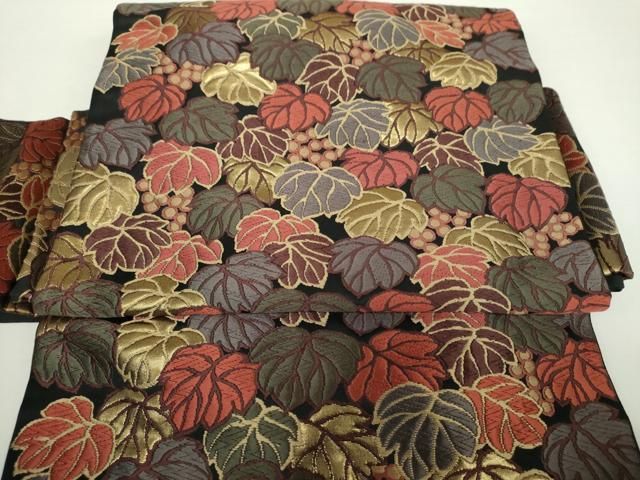 平和屋着物 青々庵 ワンタッチつけ帯 唐織 葡萄蔦の葉文 黒地 金糸 正絹 ps