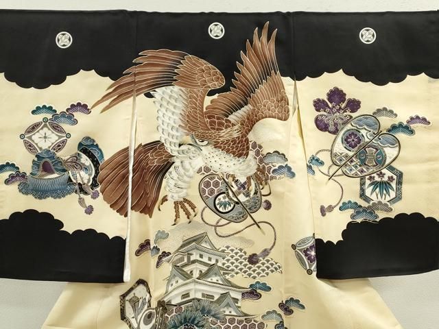 平和屋着物 お宮参り 男の子 祝着 産着 初着 のしめ 鷹 宝尽くし風景文 金彩 ze