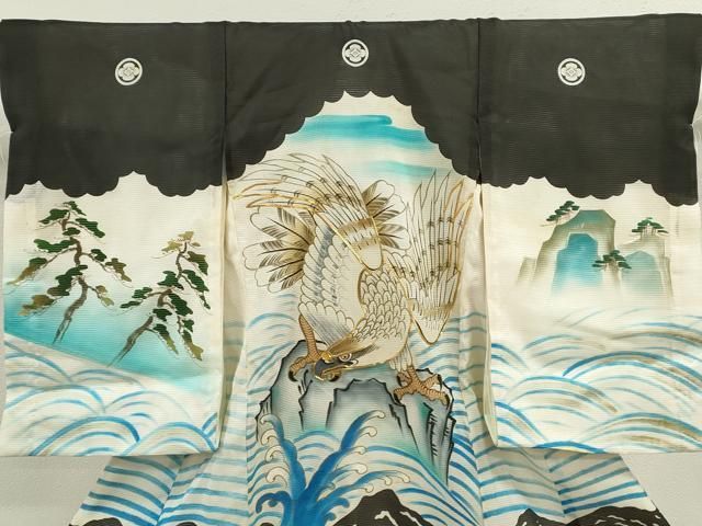 平和屋着物 夏物 お宮参り 男の子 祝着 産着 初着 のしめ 絽 駒刺繍 鷹 立波松文 金彩 ze