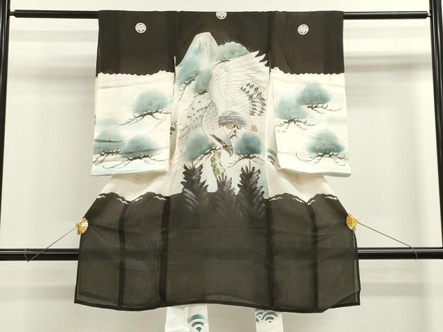 平和屋着物 夏物 お宮参り 男の子 祝着 産着 初着 のしめ 絽 手描き 駒刺繍 鷹 松 金銀彩 ze