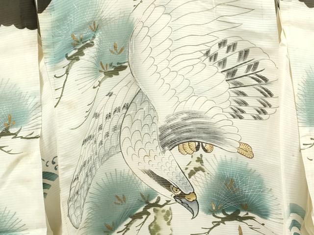 平和屋着物 夏物 お宮参り 男の子 祝着 産着 初着 のしめ 絽 手描き 駒刺繍 鷹 松 金銀彩 ze 着物 着物ドレス 着物 浴衣 和小物