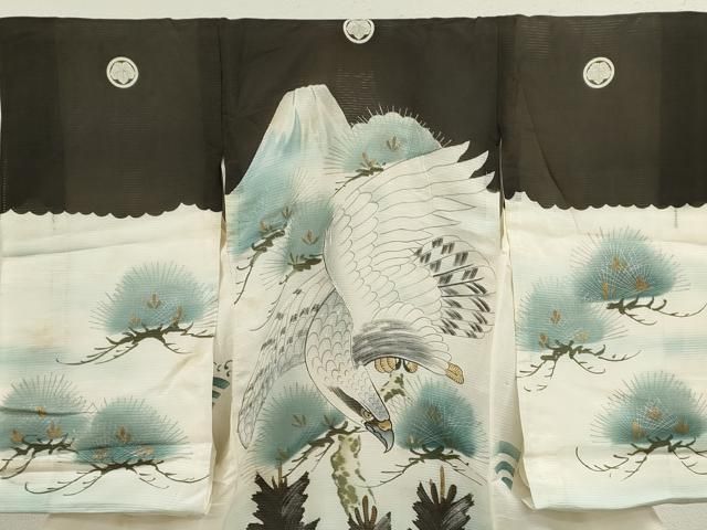 平和屋着物 夏物 お宮参り 男の子 祝着 産着 初着 のしめ 絽 手描き 駒刺繍 鷹 松 金銀彩 ze