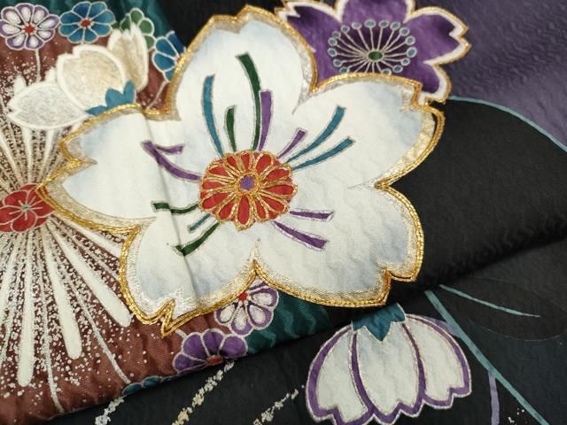 平和屋着物●豪華振袖　駒刺繍　舞桜文　暈し染め　金銀彩　正絹　逸品　CABA1997ut 平和屋着物○豪華振袖 駒刺繍 舞桜文 暈し染め 金銀彩 正絹 逸品