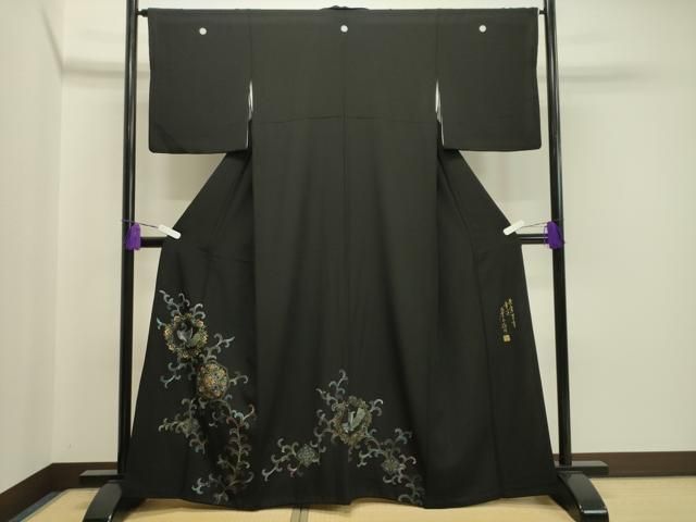 平和屋着物 螺鈿工芸作家 佐野正喜 黒留袖 孔雀花唐草文 金彩 正絹 gh